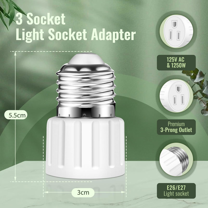 (2 Packs) 3 Prong Light Socket to Plug Adapter, E26 E27 Light Socket Outlet Adapter Polarized Light Socket Plug Adapter, Stability Performance & Professional Materials Light Socket Adapter (White) 2 White style