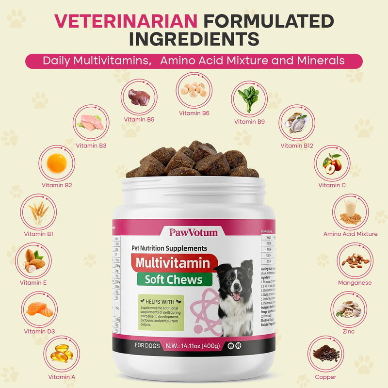 Dog Multivitamin Chews, Pet Vitamins and Supplements for Joint, Coat, Digestive Health and Immune System, Contains Vitamins, Minerals and Lysine, for Puppies, Senior Dogs and Pregnant Dogs