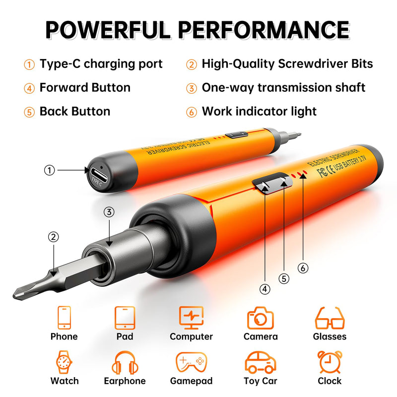 Electric Screwdriver, Precision Screwdriver Set, 88-in-1 Magnetic Bits, Magnetic Storage, 5 Torque Settings, Mini 3.7V Power Screwdriver Repair Tool Kit for PC RC Electronic - ORANGE 88 ORANGE