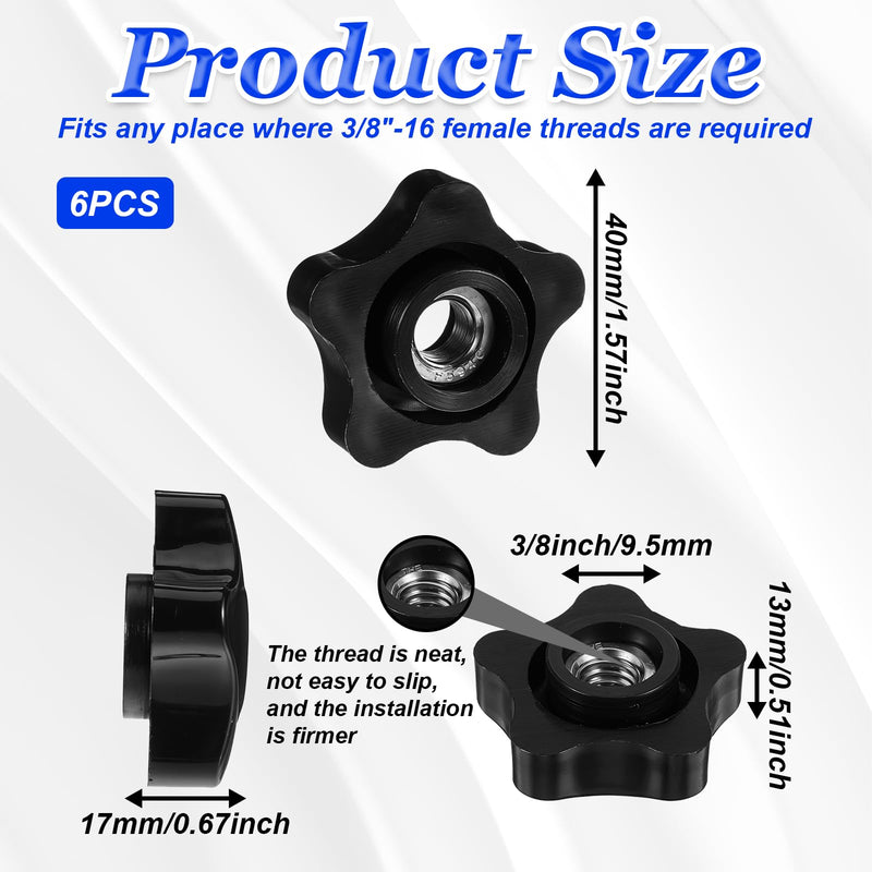 6pcs 3/8 Female Thread Knob Black,3/8 Inch Star Knobs, 5 Star Shaped Threaded Knob,3/8-16 Thread Knob Nut for T Track Bolts Jigs Knobs,Sawing Machine, Drilling Machine, Plastic Screw-On Type 3/8 Inch