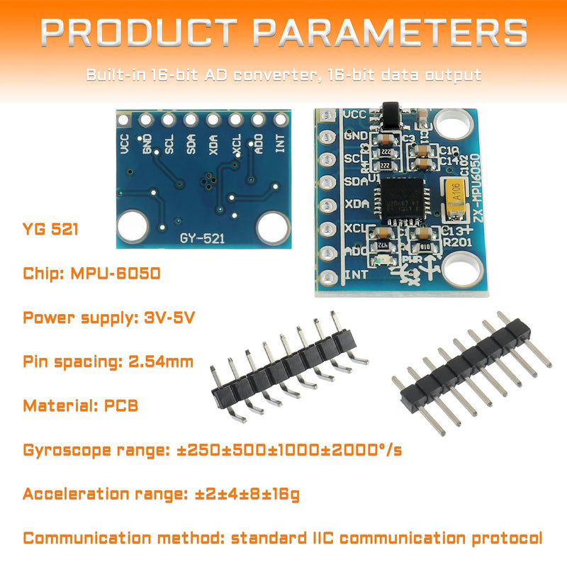 GY521 MPU6050 3 Axis Gyroscope and 3 Axis Accelerometer Module adopts 16 Bit AD Converter Data Output IIC I2C for Arduino(3 pcs)