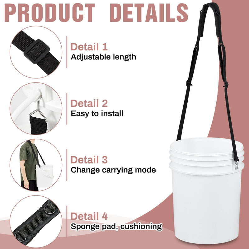 2 Pcs 5 Gallon Bucket Shoulder Carrying Strap, Multifunctional Bucket Sling Bucket Holder for 5 Gallon Bucket Accessories, Length Extension Replacement for Wire Handle