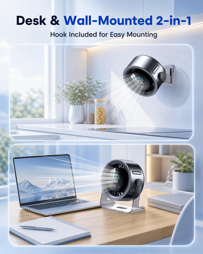 USB Desk Fan for Bedroom: 100 Speeds Digital Display Quiet Portable Fan with Turbo Airflow, 120° Rotating Small Rechargeable Battery Desktop & Wall-Mounted Fans for Bedroom Home Office (Black) Black