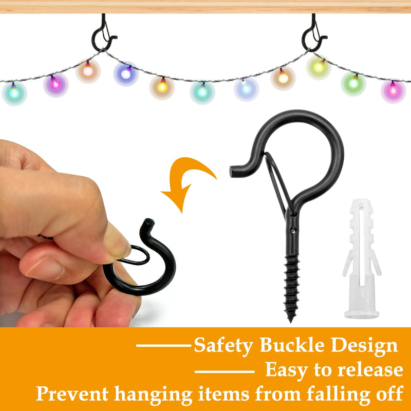 25 PCS Q Hanger Hooks with Safety Buckle, Windproof Screw Hooks for Hanging Outdoor String Lights, Christmas Lights,Cups, Decors,2.3 Inches, Black 25pcs
