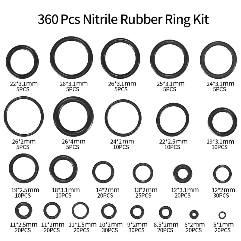 O Ring Assortment Kit, 360 Pcs Rubber Washer Orings, 24 Sizes Pressure Washer O Ring Kit for Faucet, Hose, Automotive, Air Gas Plumbing Sealing Repair O Rings, Black A-360 PCS