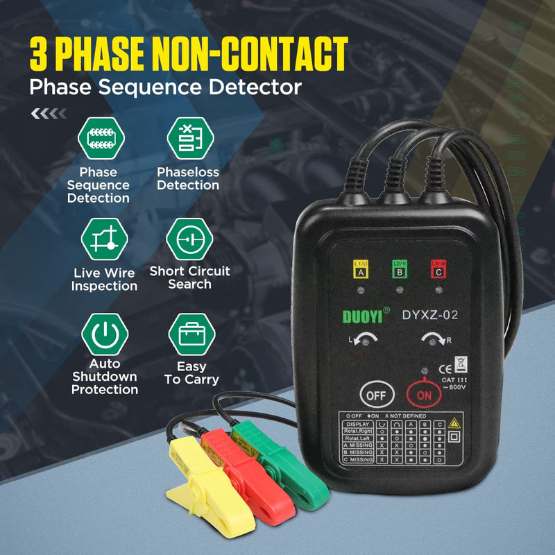 3 Phase Rotation Meter Non Contact Phase Sequence Tester 70V-600V AC Voltage Tester Short Detection, Live Wire Inspection Rotation Meter, with 23.62inch Cable Length,Carrying Bag XZ-02