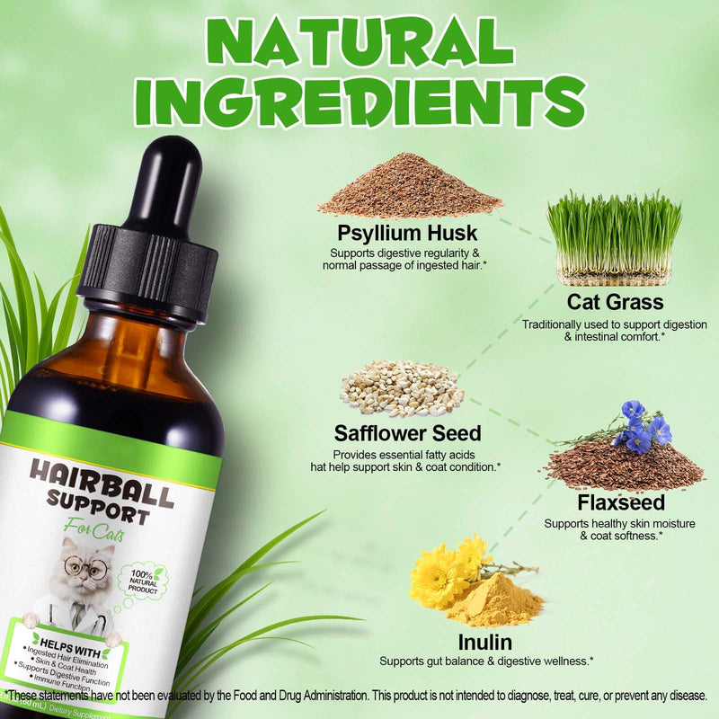 Hairball Treatment for Cats - Natural Hairball Relief Drops with Pumpkin & Aloe, Prevents Vomiting & Supports Digestion, for Kittens & Adult Cats, 2 fl oz (1 PCS) 1 PCS