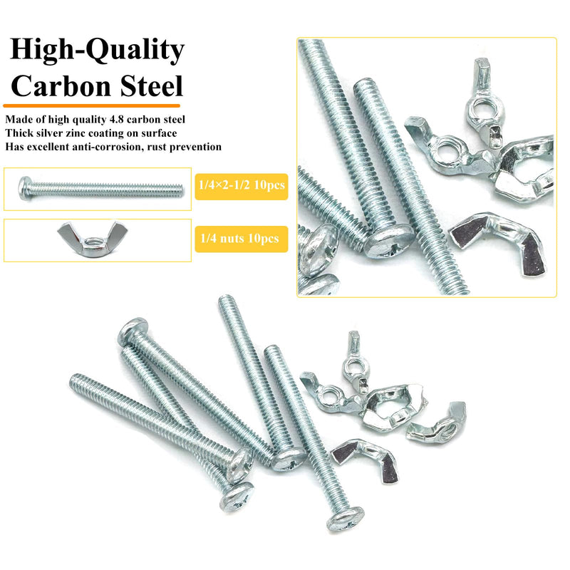 20Pack 1/4"-20 x2-1/2 Screw Bolts and Wing Nut Kit 10pcs Machine Screws with Round Head Phillips 10pcs Butterfly Hand Twist Tighten Nut Zinc Plated Hardware Fitting Fastenings Assortment Kit 20 Pack 1/4"-20 x2-1/2"