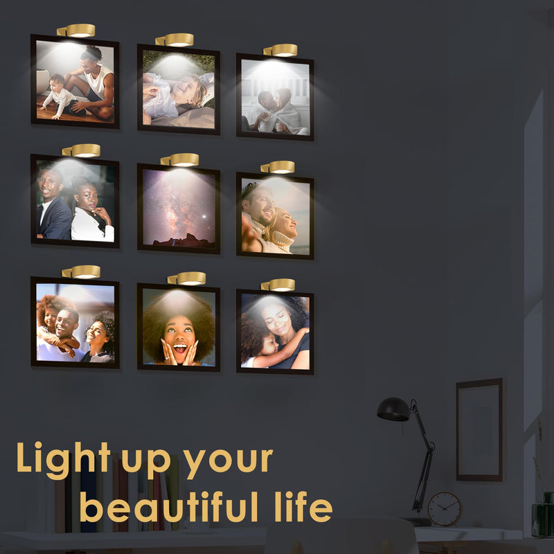 3-Pack Picture Light Battery Operated, Magnetic Led Lights with Remote, Dimmable and Timer Painting Light, Art Display Light for Picture Frame Artworking Portrait, Home Wall Decor Puck Lights, Gold 3-Pack
