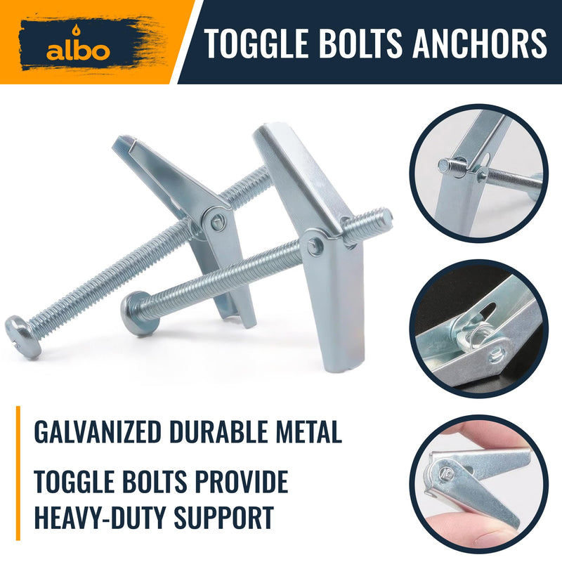 ALBO 25-Piece Heavy Duty Hollow Wall Anchors Kit for Drywall Ceilings with Screw Spring/Includes Toggle Bolts and Wing Nut Assortment in 3 Sizes (1/8in, 3/16in, 1/4in) 25pcs Spring Toggle with Screw Set