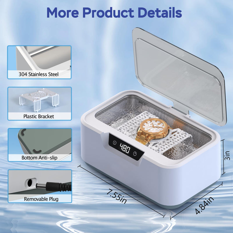 Ultrasonic Jewelry Cleaner Machine: Ring Cleaner Ultrasonic, 48Khz Sonic Cleaner for Necklaces, Eyeglasses, Watch Strap, Dentures - Digital Timer, 4 Time Modes, 304 Stainless Steel, 13.5oz White