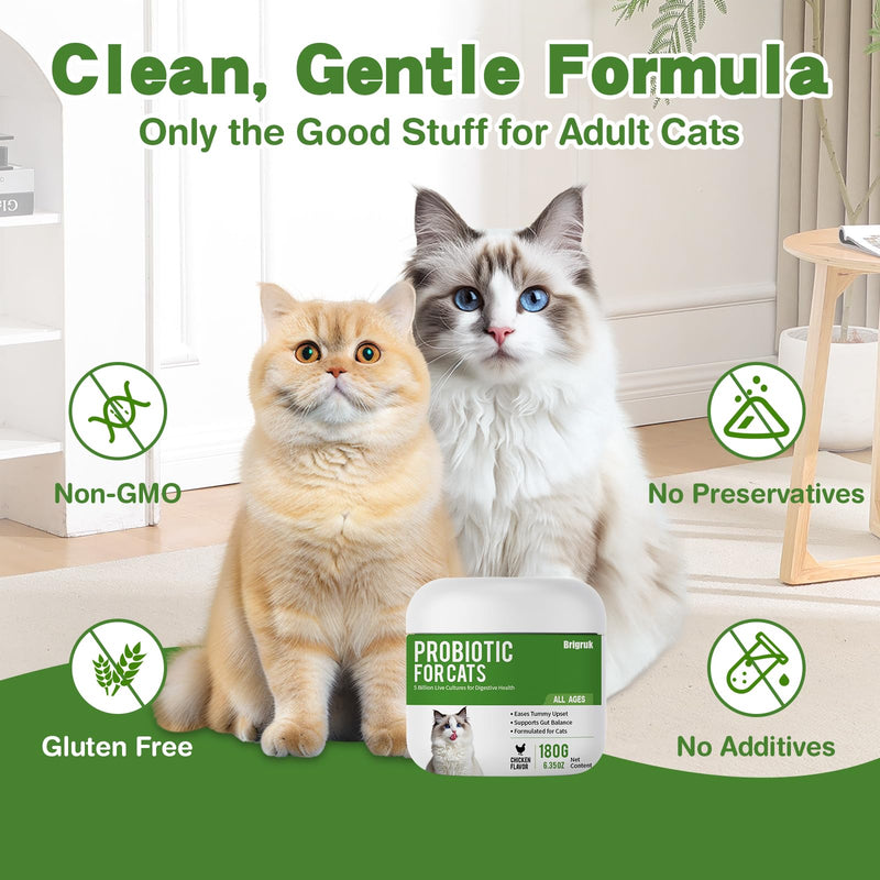 Probiotics for Cats - 5 Billion CFUs & 9 Strains Digestive Enzymes - Support for Sensitive Stomach, Hairball Relief & Immune System - Cat Gut Health Supplement with Prebiotics - Chicken Flavor, 180g