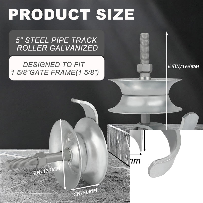 2 Pack Sliding Gate Rollers 5" Steel Pipe Track Roller Galvanized for 1 5/8" Pipe Track Gate Hardware Kit (Track Roller)