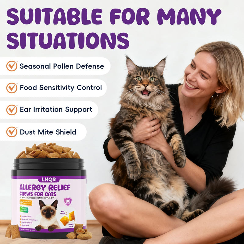 500 Cat Allergy Relief Chews - Itch Relief for Skin Irritation, Paw Licking - Omega 3 & Probiotic for Immune & Skin Coat Support, Natural Supplement for Cats,Chicken