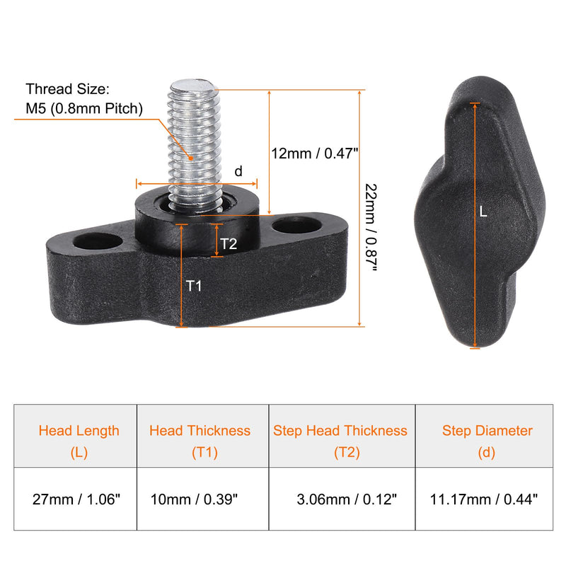 HARFINGTON 10pcs Tee Wing Knobs Thumb Screws M5 x 12mm Male Thread 27mm Plastic Head T Knobs Adjustable Handles Hand Clamping Knobs Grip Thumbscrew, Black