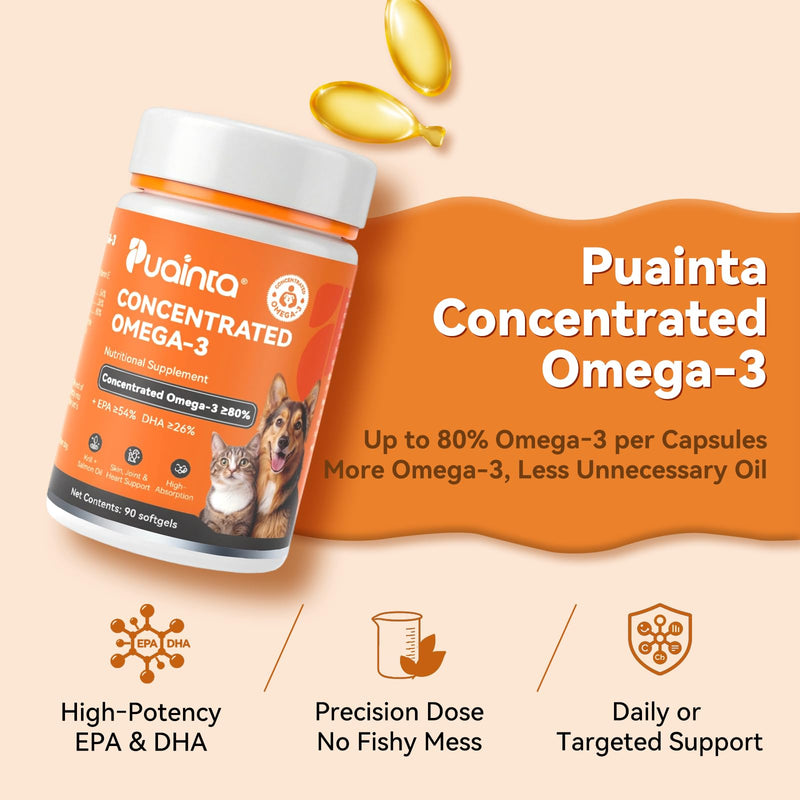 PUAINTA Omega 3 Fish Oil for Dogs & Cats, 80% EPA DHA, Skin & Coat, Itch & Shedding Support, Joint & Immune Health, Wild Icelandic Fish & Krill Oil Softgels (90 Count) 90 Count