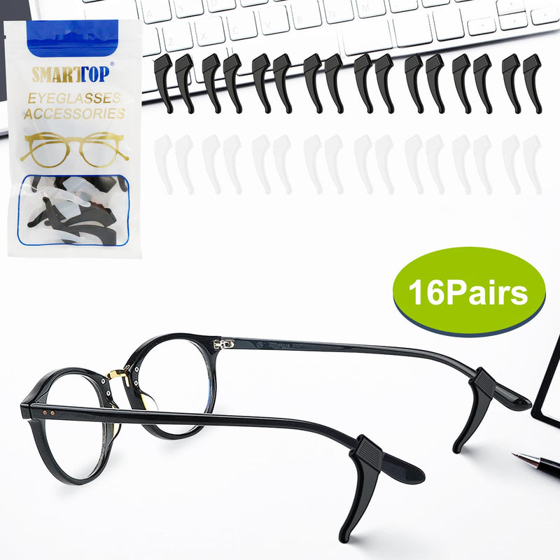 16Pairs Anti-Slip Eyeglass Ear Grips Hook, Comfortable Silicone Elastic Eyeglasses Temple Tips Sleeve Holder-For Eyeglasses Sunglasses Spectacles Glasses Reading (8 Black & 8 Clear) Black & Clear