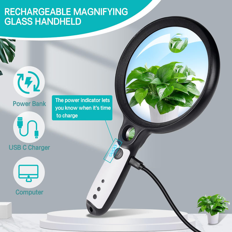 Large Magnifying Glass with 37 LED Light, 10X 20X 45X Handheld Illuminated Lighted Magnifier with 3 Light Modes Rechargeable Magnifying Glass for Seniors Reading, Inspection (Black & White) Black & White Magnifier with Light (No Case)