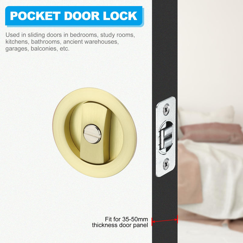 PATIKIL Round Recessed Door Lock, Pocket Door Lock Invisible 2 Sided Hardware Privacy Sliding Door Latch for 1-3/8" to 2" Thickness Door, Gold