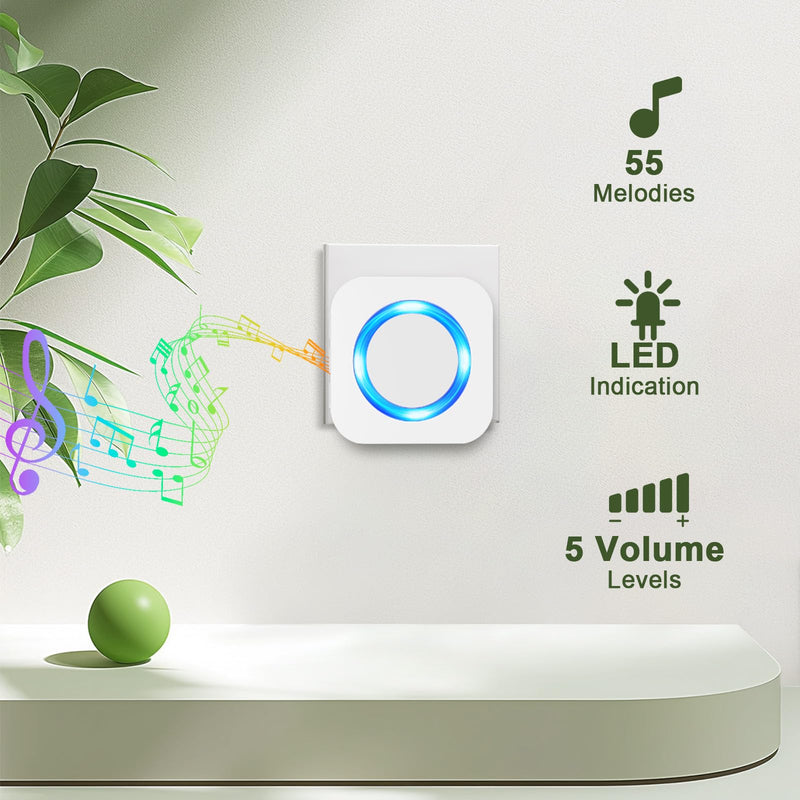 SURFOU Wireless Doorbell 1300FT Range for Home/House/Office/Business/Classroom, 55 Melodies Waterproof Door Chime Kit with 5 Volume Levels & LED Flash, 1 Push Button & 3 Plug-in Receivers, White 1 Button+3 Receivers-White