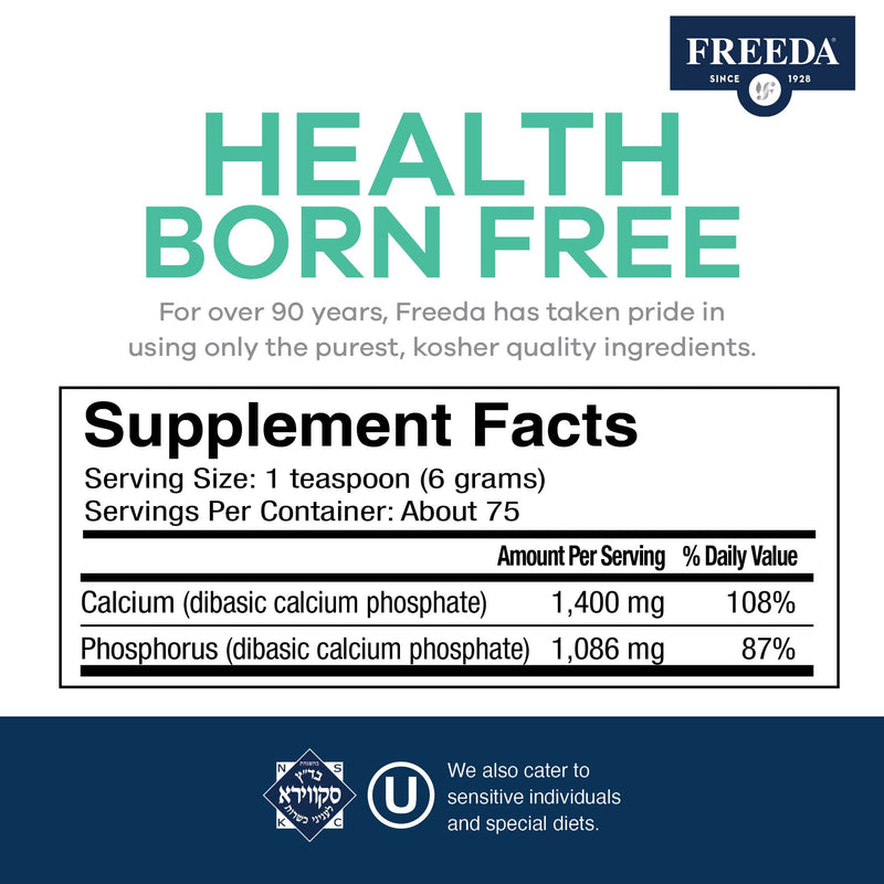 Freeda Calcium Phosphate Powder - Kosher Calcium Supplement for Men & Women, Animal Bone Health & Joint Support for Dogs & Cats - Calcium and Phosphorus Supplement - Calcium Without Vitamin D, 16oz - PawsPlanet Australia