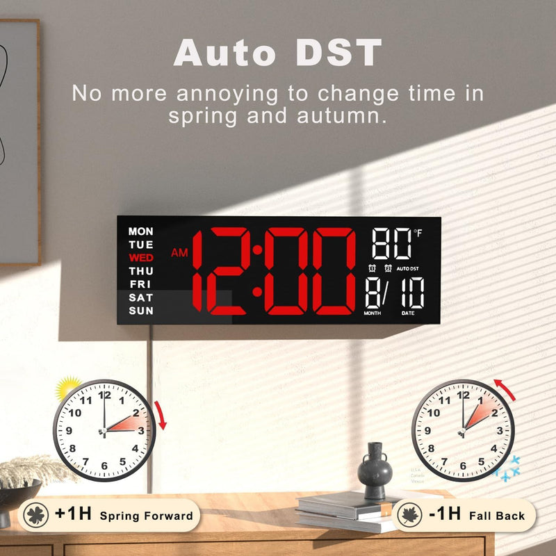 JALL 16" Large Digital Wall Mount Clock, Count Down Timer, Alarm, Big LED, RGB Color, DST, Temperature for Living Room Classroom Desk, Xmas, Birthday Gift for Senior Mom Dad (Red White, 16 inches) Red White