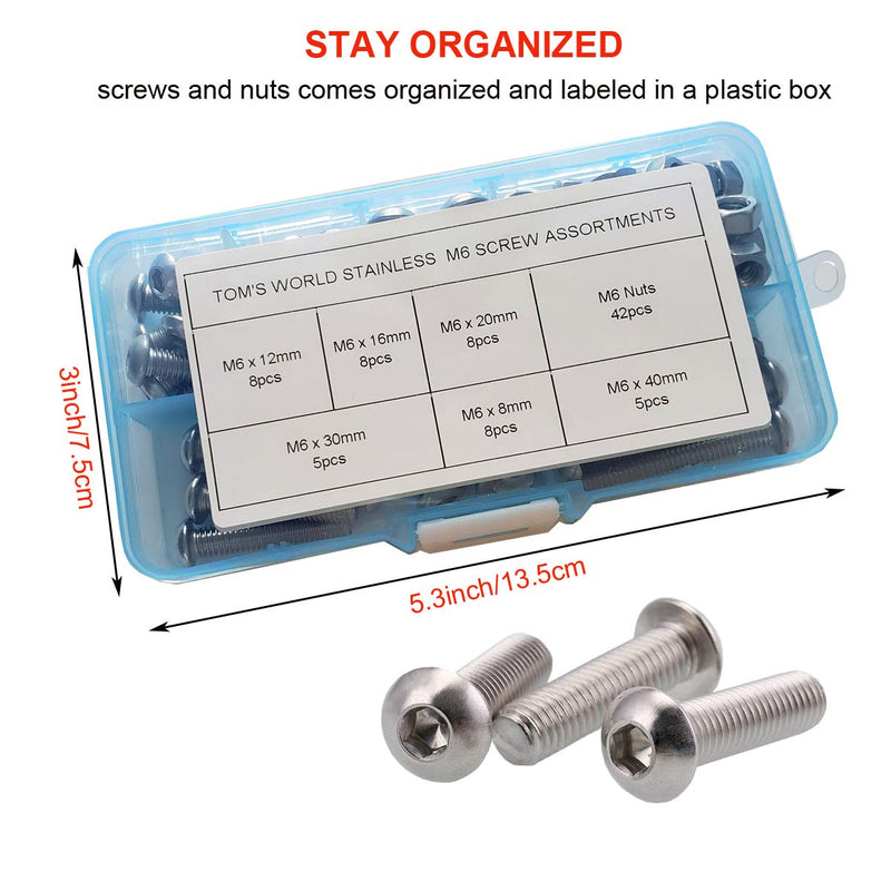 84Pcs M6 x 8mm,12mm,16mm,20mm,30mm,40mm Hex Pan Head Cap Bolts Nuts Screws Assortment Set 304 Stainless Steel Allen Socket Drive Machine Screws with Wrench (84PCS M6 Hex Screws Nuts) 84PCS M6 Hex Screws Nuts