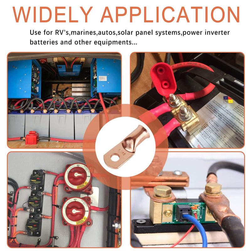 10pcs 2 AWG-1/4”(M6) Ring Terminals 2 Gauge Copper Wire Lugs Battery Cable Ends Heavy Duty Battery Cable Terminal Connectors 2 AWG - 1/4'' Ring