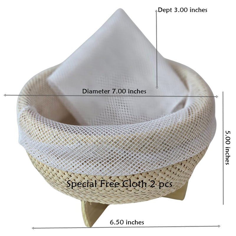 Thai Bamboo Sticky Rice Steaming Basket with Cloth – 7” Wide Traditional Isan Style Cooking Tool – Handmade Natural Bamboo Rice Steamer.