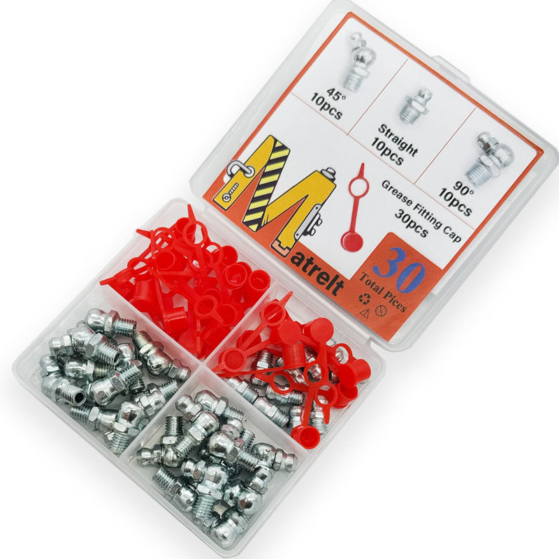 30Pcs 1/4"-28 Straight 45 90 Degree Grease Fitting Assortment Kit with Grease Zerk Fittings Caps, Galvanized Steel Hydraulic Grease Zerk for Industrial and Agricultural Machinery Cars Ships ets 1/4"-28-30 Pcs