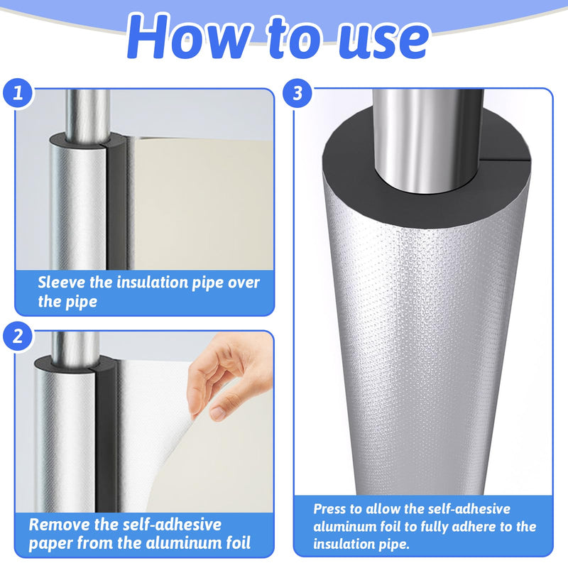 8 Pack Pipe Insulation Foam Tube, 3/4'' Self Adhesive Pre Slit Foam Pipe Covers Polyethylene with Aluminum Foil for Spigot, Winter Outside Pipes, Sprinkler, Water Heater Pipes Freeze Protection 8 Pack