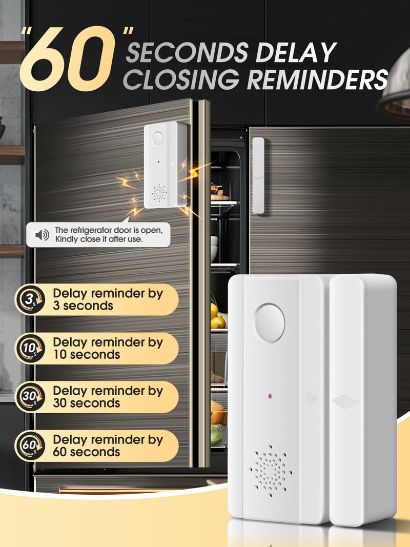 Freezer Door Alarm with Adjustable Voice Reminders (60s/30s/10s/0s Delay) for Open Freezer or Refrigerator Doors