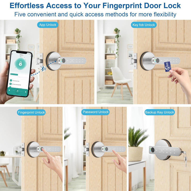 Fingerprint Door Lock Smart Fingerprint Door Knob with Keyless Entry Biometric Door Lock with Keypad App Control Easy Installation for Home Bedroom Office(Silver) Silver