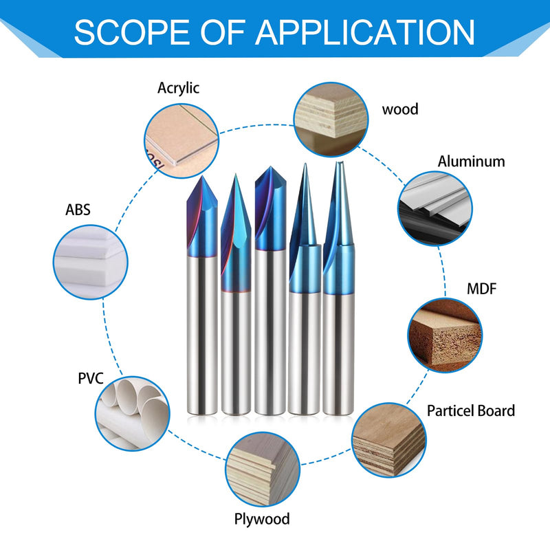 5PCS CNC Wood Carving Router Bits Set 1/4'' Shank, 15°Detail Carving Liner+ 20° Profile bit+30°+60°+ 90°V Groove Router Bit Set with Nano Blue Coating CNC Milling Cutter Engraving Router