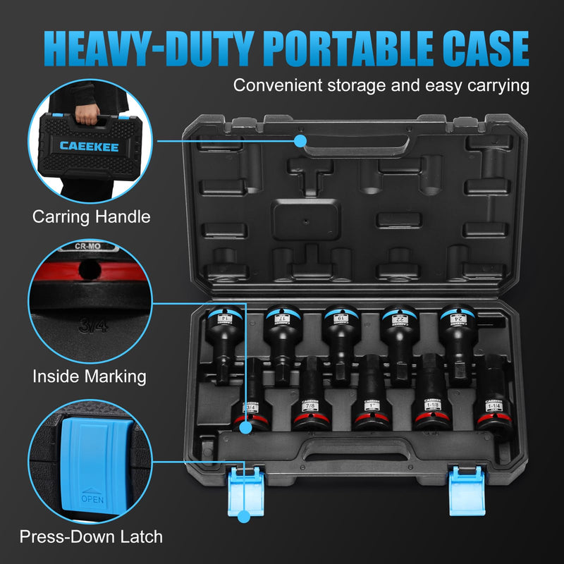 3/4" Drive Master Impact Hex Bit Socket Set, 10 Pieces Allen Bit Socket Set, Cr-Mo, SAE/Metric, 3/4" - 1-1/4", 14mm - 24mm, Heavy Duty Storage Case