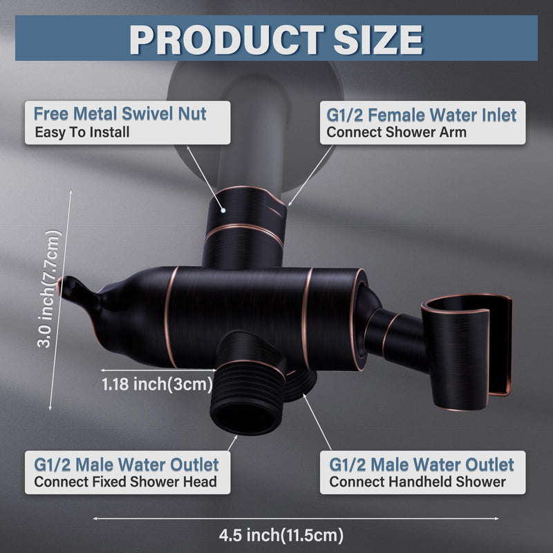 Shower Arm Diverter with Handshower Mount, G1/2 Brass 3 Way Diverter Valve Bathroom Universal Shower System Replacement for Handheld Shower and Fixed Shower Head, Oil Rubbed Bronze