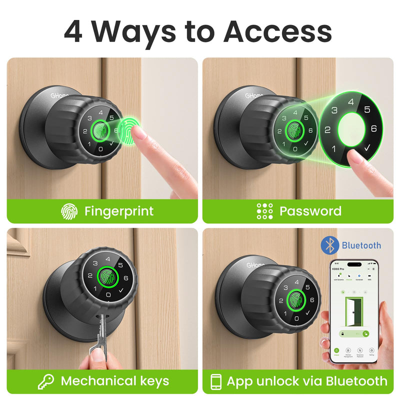 GHome Smart Fingerprint Door Lock, 4-in-1 Fingerprint Door Knob with Keypad, App Control, Keys, Removable & Rechargeable Battery, Door Locks for Bedroom, Home, Garage, Storage Room KD03 PRO