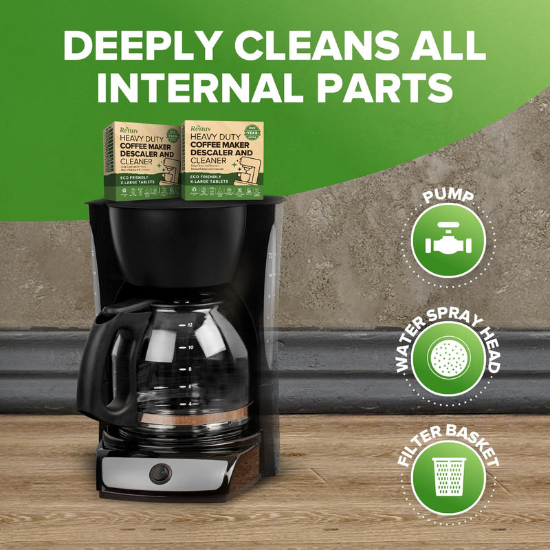 Renuv® Coffee Maker Cleaner & Descaler Tablets, 12 Uses for Keurig, Ninja, Breville, Delonghi, Nespresso, Miele, Jura, Mr Coffee, Cuisinart Descaling Solution for Coffee Pot Maker & Espresso Machines 1 Box (12 Tablets)