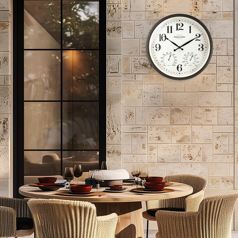 Presentime & Co 16" Farmhouse in/Outdoor Clock, Wall Clock & Weather Station, Weather Thermometer, Wall Décor and Timepiece for Farmhouse Decoration, Oil Rubbed Bronze Finish