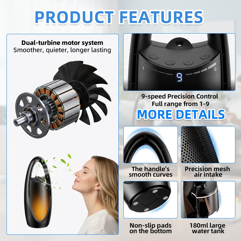 Bladeless Desk Fan with Mist, 13-Inch Rechargeable Table Fan, 9 Speeds, 60° Oscillation, 1-9H Timer, Night Light, Quiet Portable Fan for Bedroom, Office & Dorm, Dark Gray