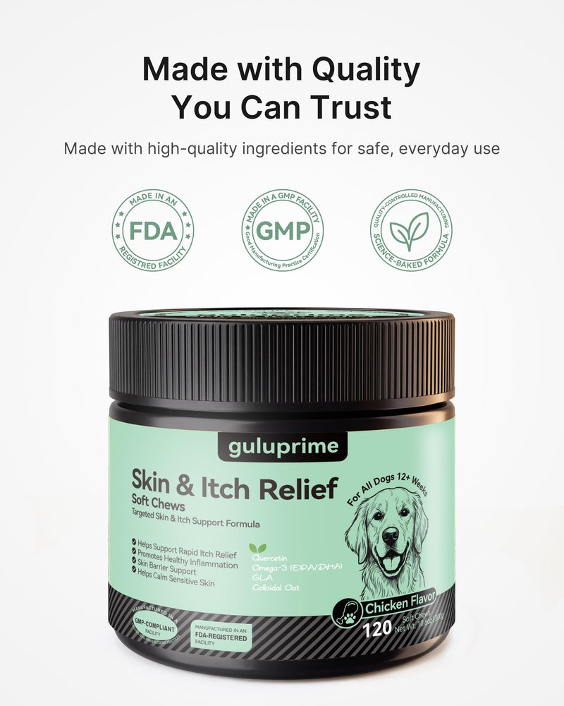 Dog Itch Relief Chews for Dogs – Itchy Paws & Paw Licking Support, Anti Itch Soft Chews for Itchy Skin, Daily Skin & Coat Supplement, 120 Chews Chicken