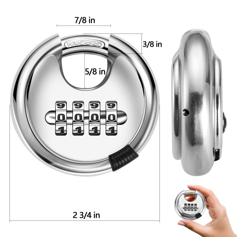 Rohuis Round Combination Lock, Uncuttable Combination Disc Padlock, 3/8 Inch Shackle Outdoor Combo Lock Pad Lock for Storage Unit, Garages, Fences (2 Pack) Silver 2pcs