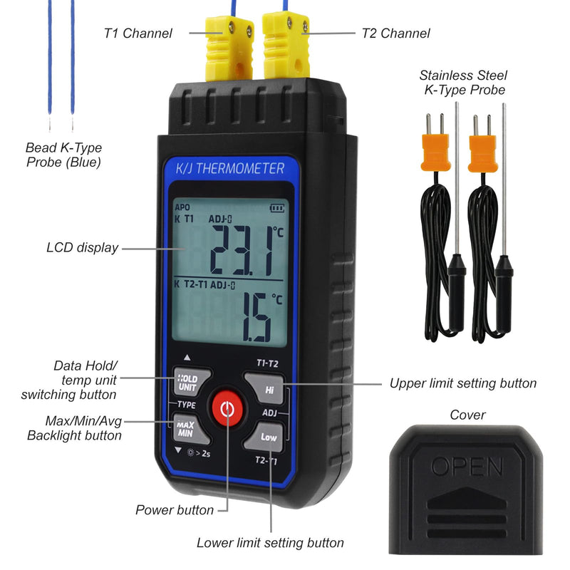 Thermocouple Thermometer Digital Dual Channels K/J Type Thermometer with 4 K-Type Thermocouples, -328~2501℉ Measuring Range Temperature Meter HVAC Thermometer with Alarm & ADJ Compensation Digital 2 Channels Thermometer