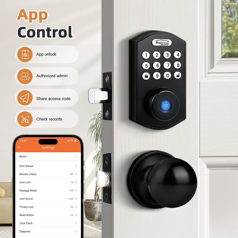 Probrico Smart Fingerprint Deadbolt with Door Knob for Front Door, Keyless Entry Door Lock Deadbolt, Door Knob with Smart Deadbolt Lock, Flat Black