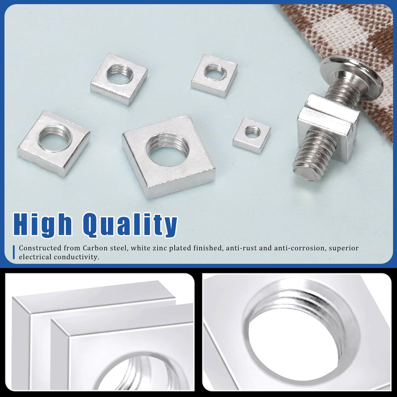 Glarks 90pcs Carbon Steel Square Nut Set M3 M4 M5 M6 M8 White Zinc Plated Square Thin Nut Square Machine Screws Nut Metric Coarse Thread Assortment Kit for Furniture Construction Mechanical Equipment White/Zinc