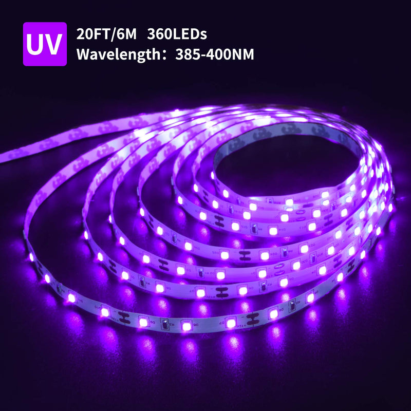 Ontesik 20ft LED Black Light Strip kit, 360 LEDs, 12V Flexible UV Black Light Installation, Family Bedroom, Party Wedding, Halloween, Dark Party, Non-Waterproof Switch control