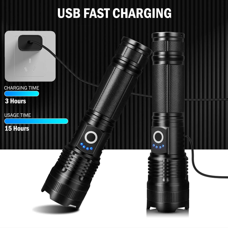 Rechargeable Flashlights High Lumens, 4 Pack 99,000 Lumens Led Flashlights with 5000ɱAh Βattery, Waterproof Powerful Flash Light Multifunctional Flashlights for Home Camping Hiking