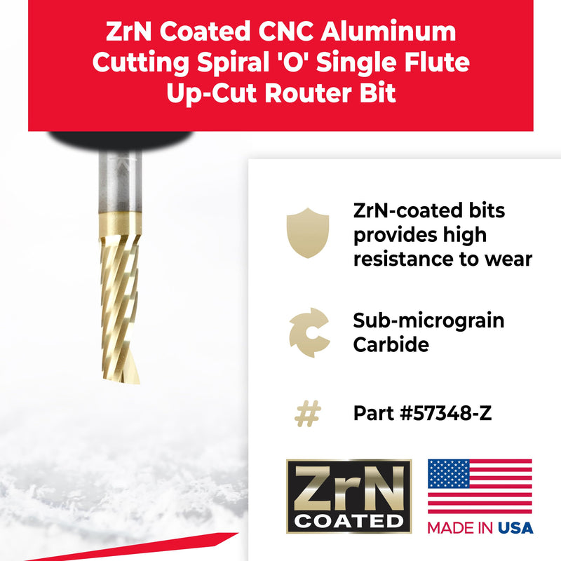 Amana Tool 57348-Z SC Spiral O Single Flute Improved Surface Finish Aluminum Cutting 1/4 D x 3/4 CH x 1/4 SHK x 2 Inch Long Up-Cut ZrN Coated Router Bit withMirror Finish