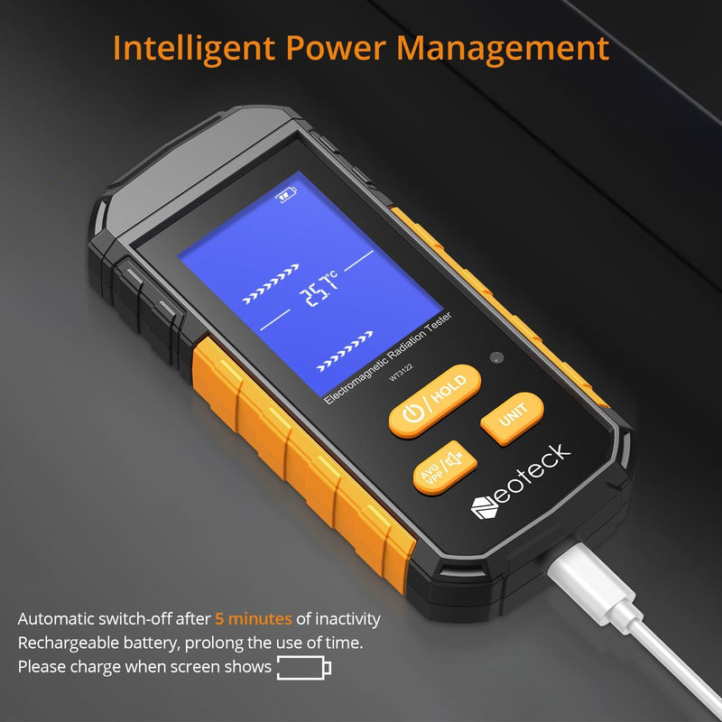 Neoteck 3-in-1 EMF Meter Rechargeable Electromagnetic Radiation Detector for EF MF and Temperature LCD Backlit Audible Alarm 1~1999V/m Electric Field 0.01~99.99ut Magnetic Field(RF Not Included)