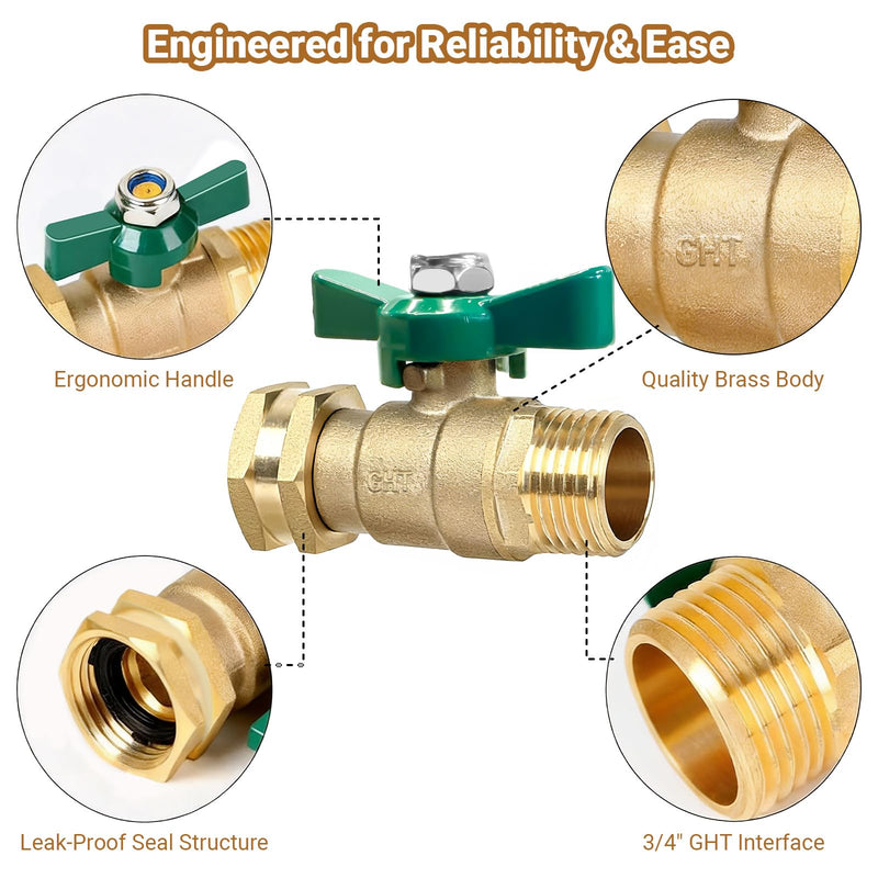 Garden Hose Shut off Valve Full Flow: Brass Water Shut off Valve - 3/4" GHT High Flow Hose Ball Valve Adapter Coupling - Heavy Duty Lawn Hose-End Flow Control Valve